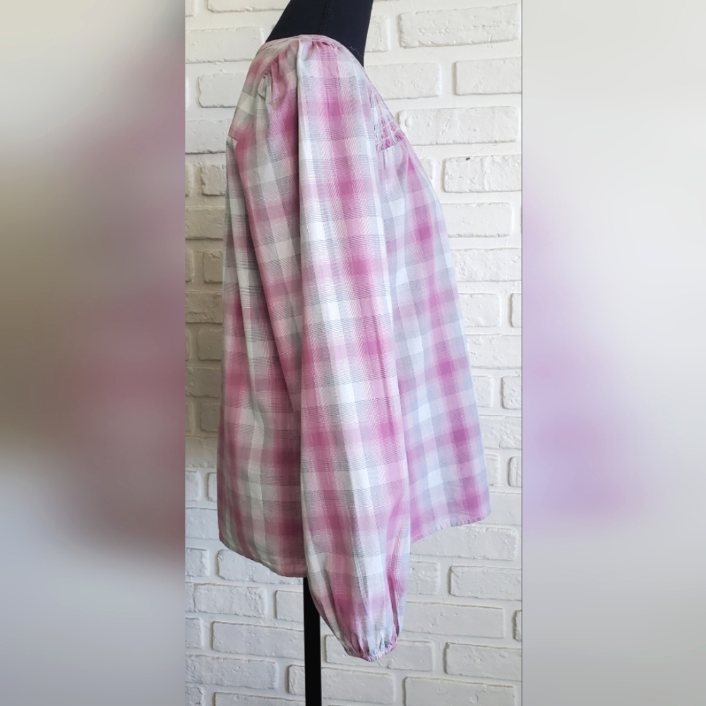 NWT LOFT Pink Plaid Smocked Yoke Button Front Blouse - Size XS - Picture 5 of 14